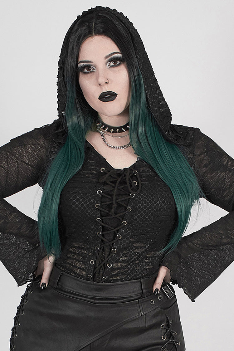 Black Front Chest Lace-Up Flare Sleeve Splice Mesh Plus Size Broken Holes Knit Hooded Women's Punk T-Shirt