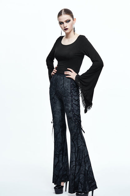 Black Mysterious Forest Gothic Branch Printing Bellbottom Womens Pants
