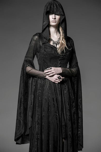 Black Hooded Metal Buckle Long Trumpet Sleeves Embroidery Womens Gothic Dress
