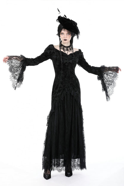 Black Off Shoulder Lace Long Trumpet Sleeves Lace-Up Women's Gothic Bodycon Dress