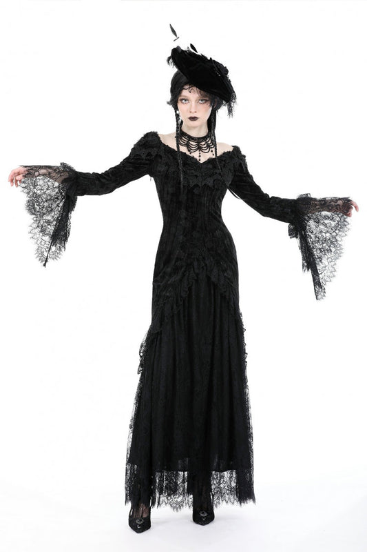 Black Off Shoulder Lace Long Trumpet Sleeves Lace-Up Women's Gothic Bodycon Dress