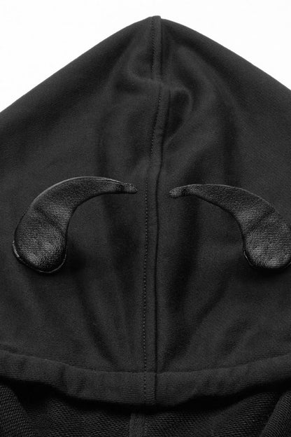 Black Demon Horn Decoration Long Sleeves Lace-Up Hooded Women's Gothic Coat
