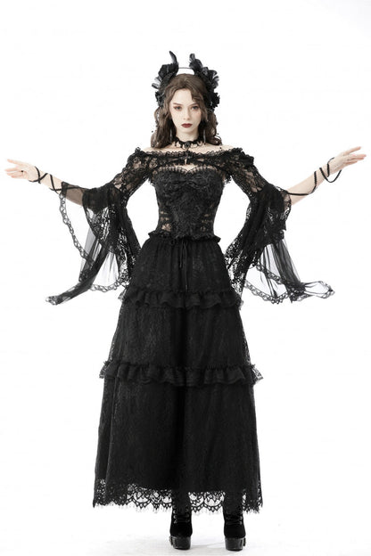 Black Off Shoulder Lace Long Trumpet Sleeves Floral Mesh Women's Gothic Cape