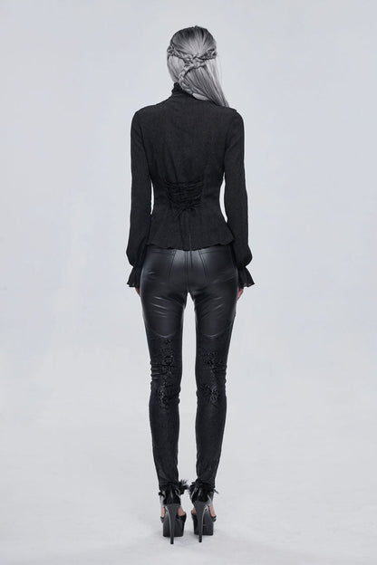Black Lace High Neck Three Dimensional Embroidered Lantern Trumpet Sleeves Women's Gothic Shirt