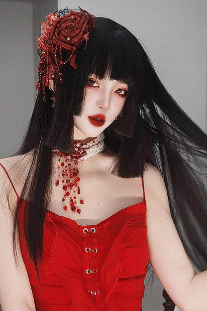 Black Layered Hime-Cut Vintage Elegant Princess Lolita Twin-Tail Wig