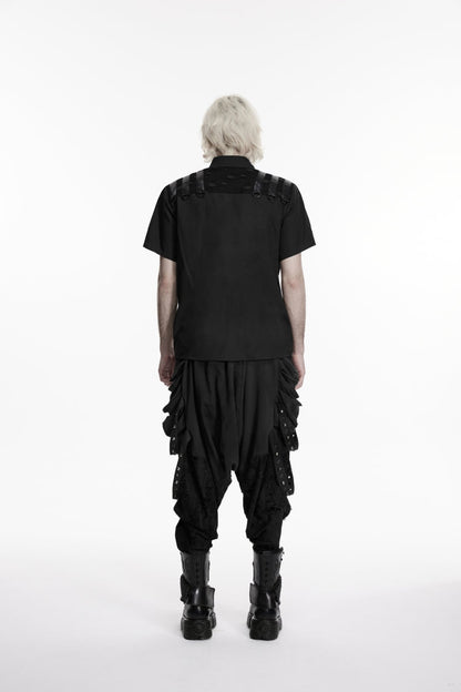 Black Lapel Collar Short Sleeves Cut-Out Spliced Men's Punk Shirt