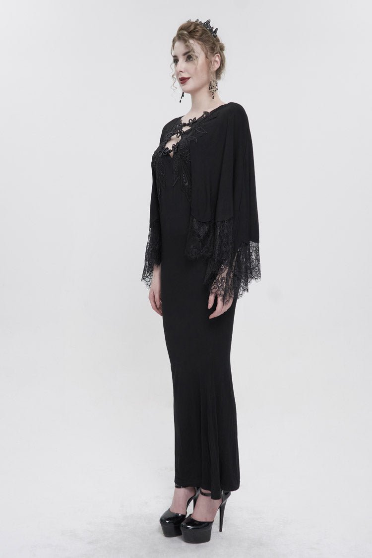 Black Deep V Neck Bat Sleeve Chest Appliqu Lace Bead Buckle Connection Small Fishtail Long Women's Gothic Dress