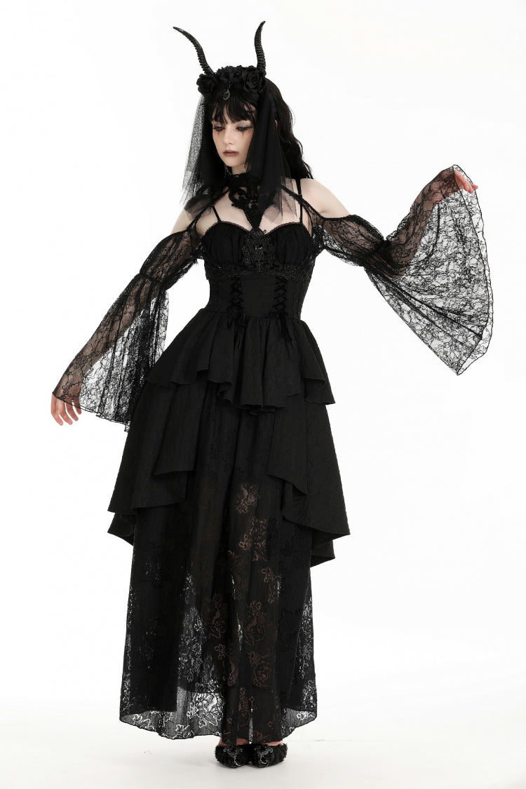 Black Off Shoulder Long Puff Sleeves Cut-Out Lace Women's Gothic Cape