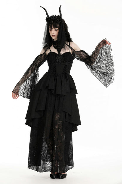 Black Off Shoulder Long Puff Sleeves Cut-Out Lace Women's Gothic Cape