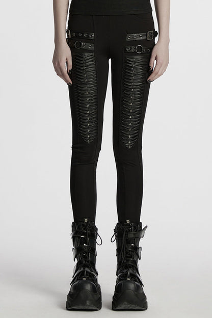 Black Buckle Straps Pleated Women's Punk Leggings