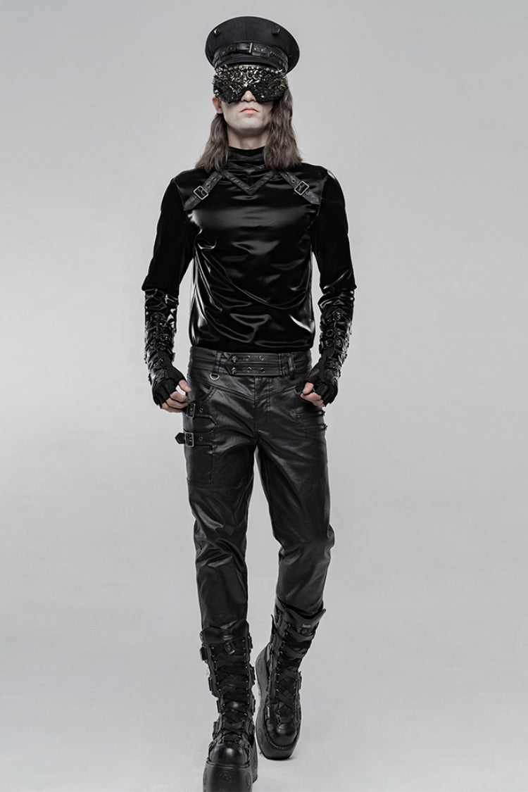 Black High Collar Long Sleeves Imitation Shark Skin Stitching Men's Gothic T-Shirt