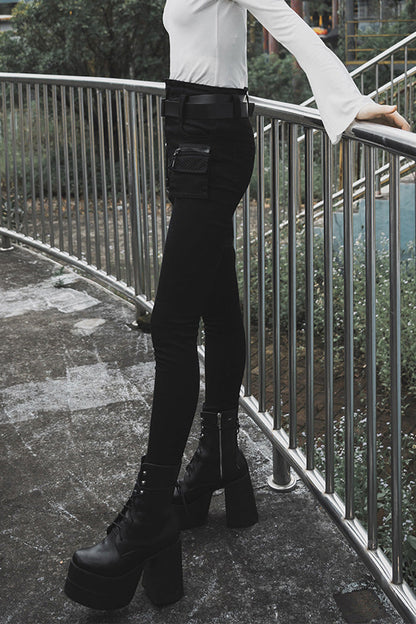 Black Detachable Loop Denim Skinny Women's Steam Punk Jeans
