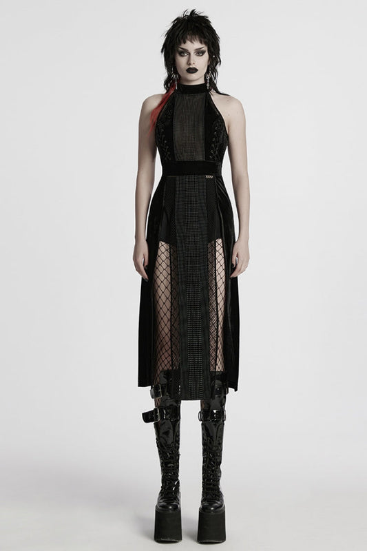 Black Halterneck Sleeveless Stitching Mesh Women's Gothic Dress