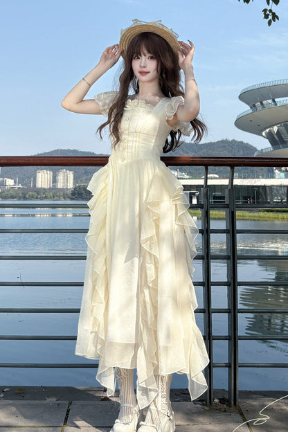 Apricot [Moonlight Beach] Square Collar Short Sleeves Ruffle Sweet Lolita Dress