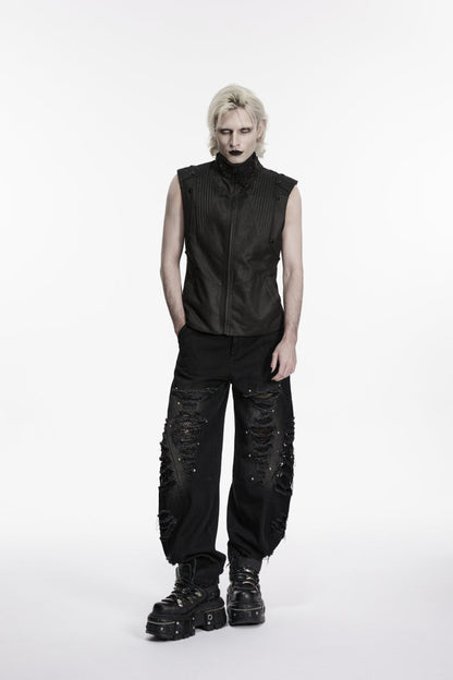 Black Irregular Mesh Ripped Studded Zippered Eyelet Men's Punk Handsome Cool Pants