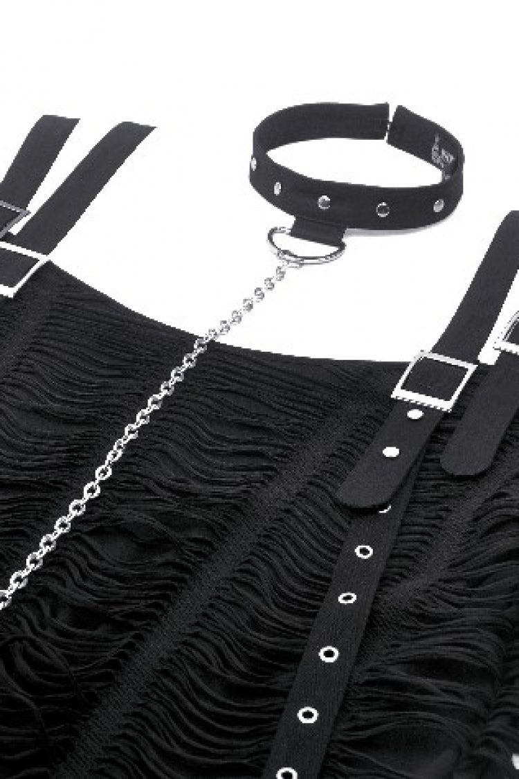Black Off Shoulder Short Sleeves Ripped Buckled Women's Gothic T-Shirt with Detachable Choker