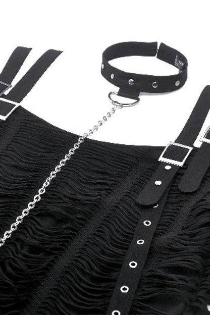 Black Off Shoulder Short Sleeves Ripped Buckled Women's Gothic T-Shirt with Detachable Choker