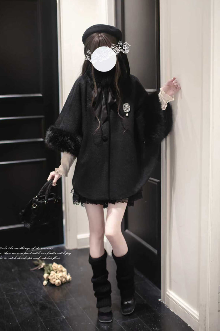 Black Long Sleeves Lace Gothic Japanese Lolita Fluffy Cloak Coat
