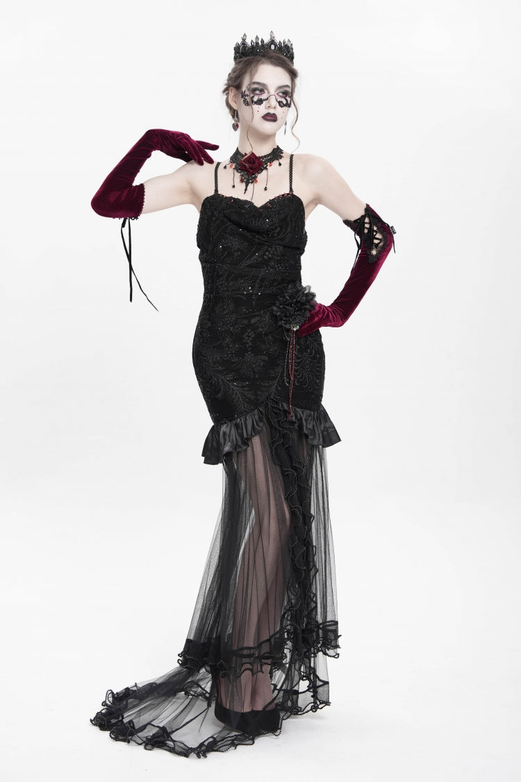 Black Floral Embroidery Mesh Hem Women's Gothic Long Slip Dress