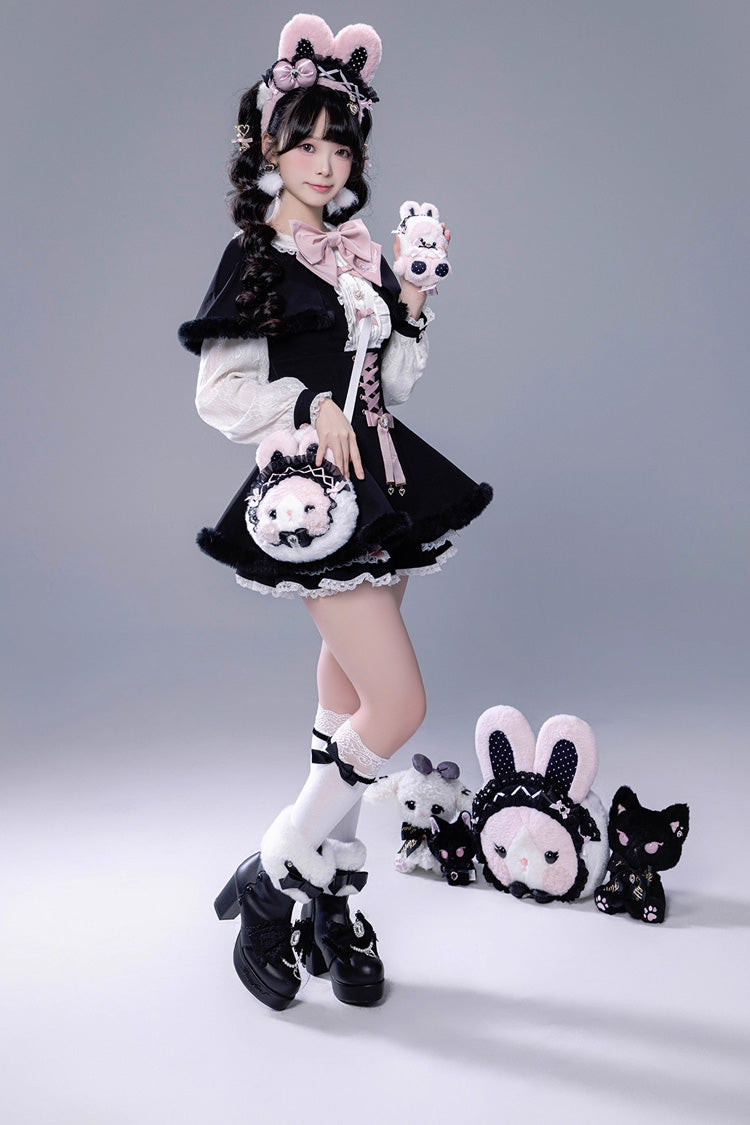 Black Long Sleeves Ruffle Bowknot Lace-Up Japanese Jirai Kei Dress Shorts Plush Set