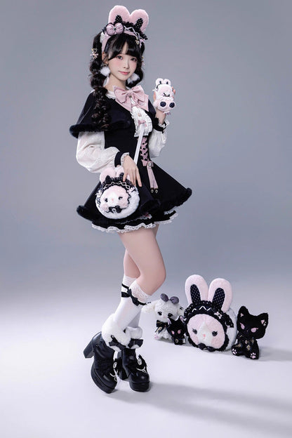 Black Long Sleeves Ruffle Bowknot Lace-Up Japanese Jirai Kei Dress Shorts Plush Set