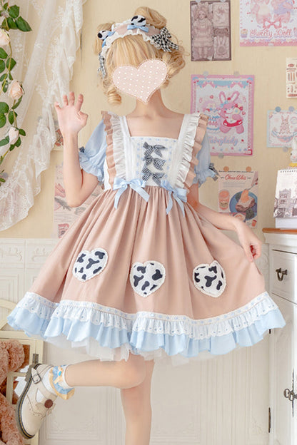 Apricot Pastoral Girl Ruffled Sling Short Sleeves High Waisted Sweet Lolita OP Dress