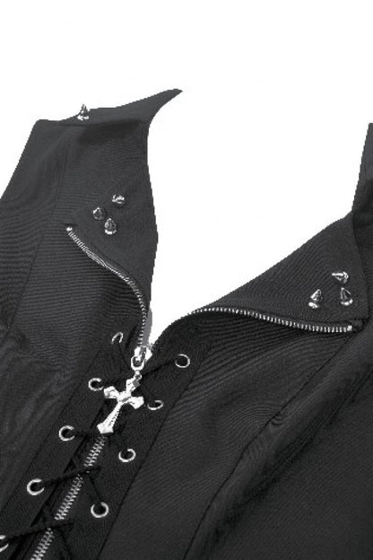 Black Lapel Collar Sleeveless Lace-Up Studded Zippered Eyelet Women's Punk Vest