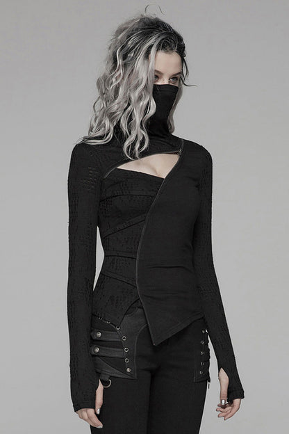 Black Long Sleeve High Collar Front Chest Hollow-Out Irregular Pleats Splice Broken Holes Knit Slit Hem Women's Punk T-Shirt