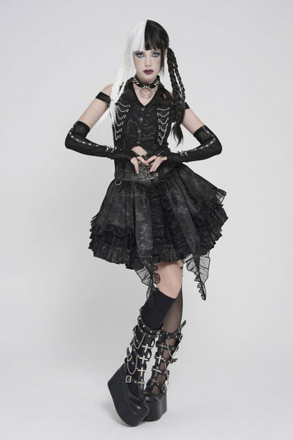 Black Off Shoulder Lace-Up Irregular Chain-Decorated Women's Punk Vest