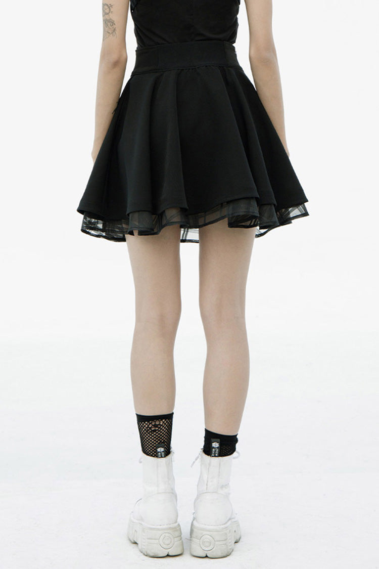 Black Front Metal Buckle Loops High Waist Splice Mesh Women's Punk Skirt