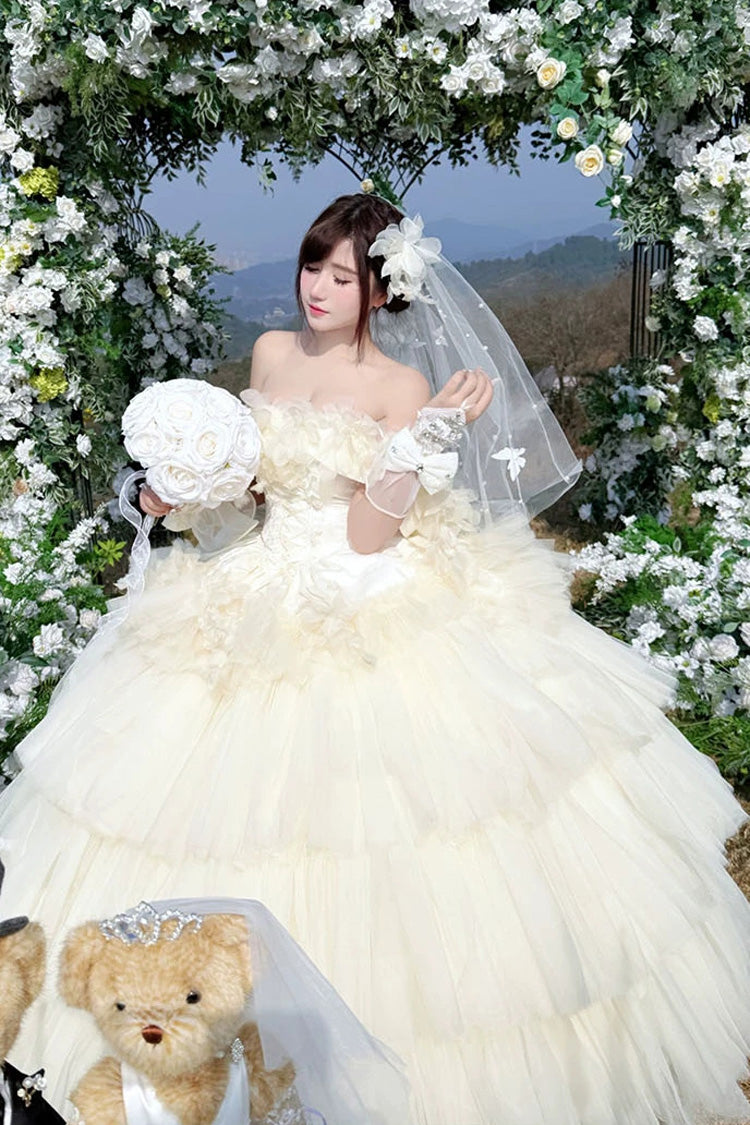 Apricot [Dream Confession] Sleeveless Triple-Layered Ruffled Hanayome Bow Lace Lace-Up Sweet Lolita Jsk Dress Long Version