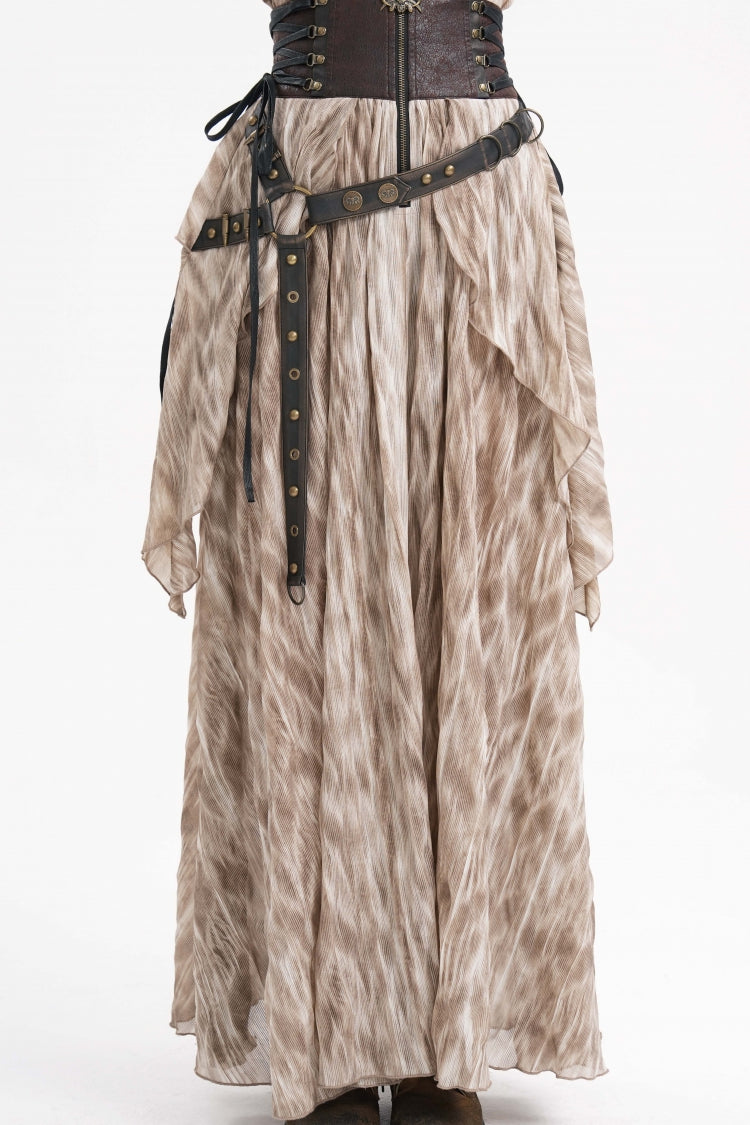 Apricot Ruffle Lace-Up Women's Gothic Eyelets Rivets Long Skirt