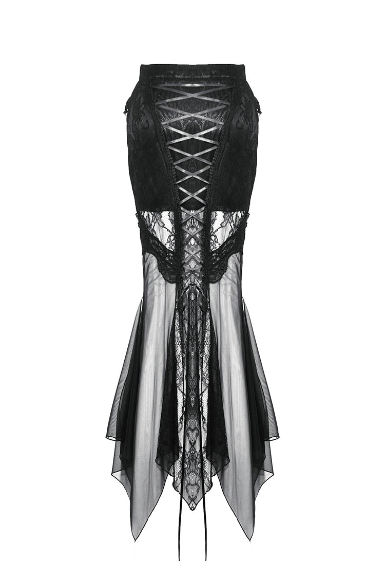 Black Lace-Up Mesh Spliced Lace Women's Gothic Fishtailed Skirt