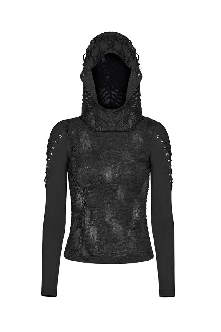 Black Broken Holes Arm DrawString Long Sleeve Hooded Knit Tight  Women's Gothic T-Shirt