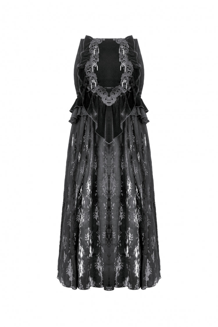 Black Multi-Layered Ruffled Velvet Spliced Lace Lace-Up Women's Gothic Long Skirt