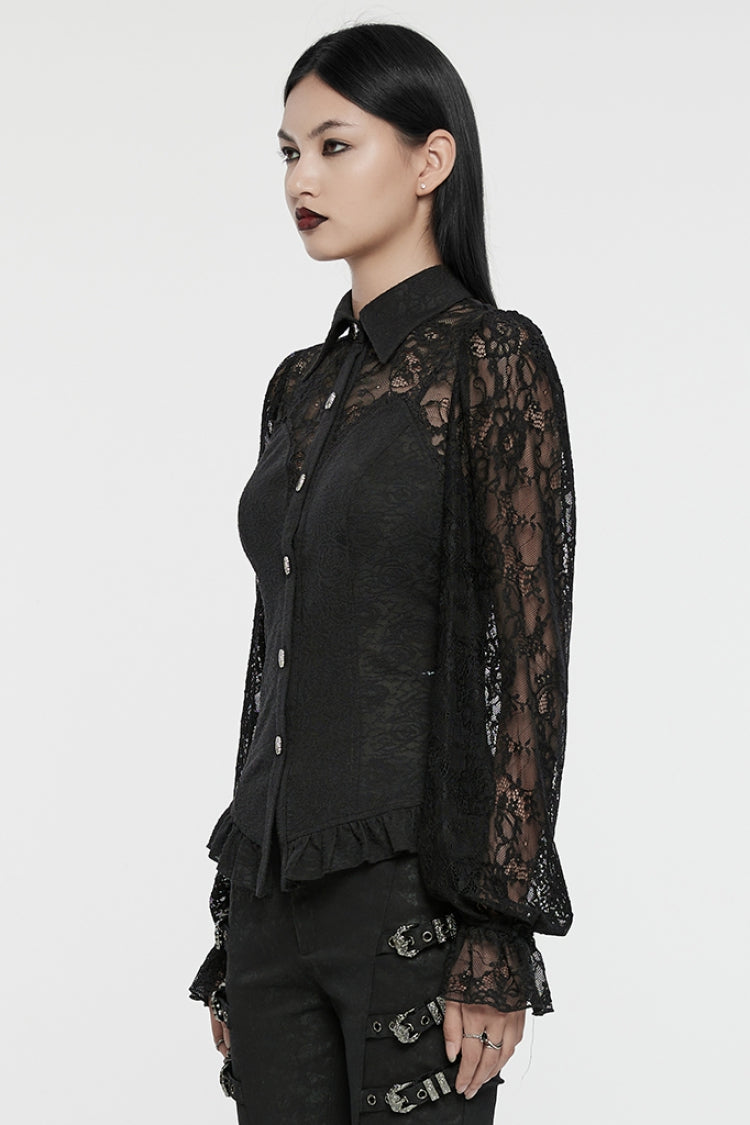 Black Lapel Collar Puff Sleeves Ruffle Stitching Lace Women's Gothic Blouse
