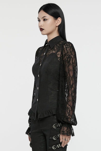 Black Lapel Collar Puff Sleeves Ruffle Stitching Lace Women's Gothic Blouse