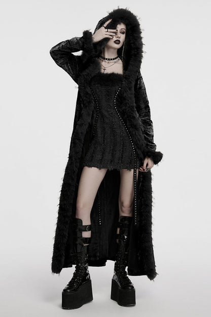 Black Long Sleeves Faux Fur Stitching Lace-Up Hooded Women's Gothic Coat