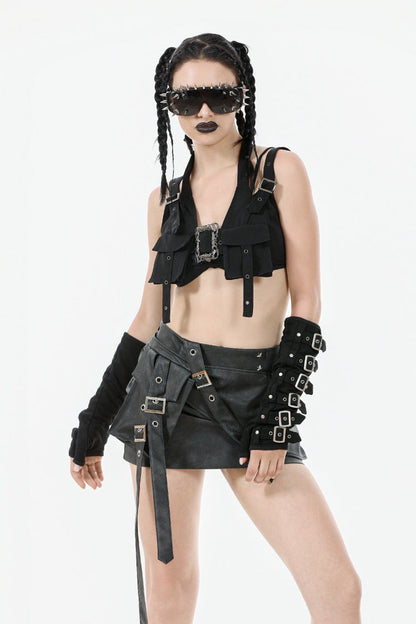Black Halterneck Buckled Women's Punk Utility Vest