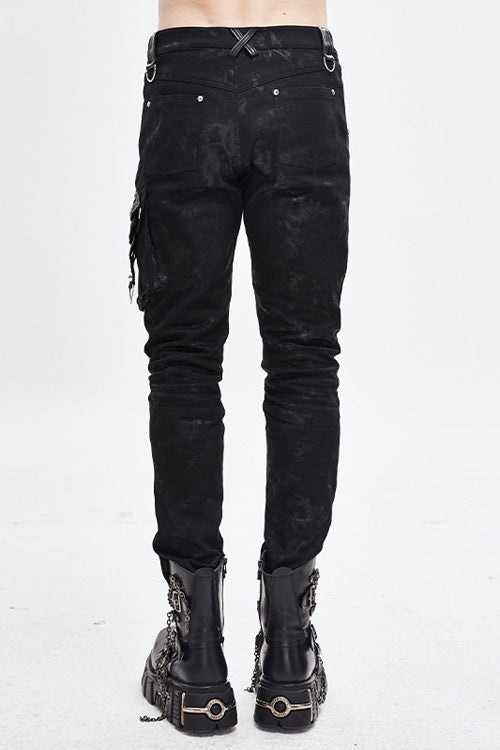 Black Patchwork Asymmetric Rivet Studded Punk Leather Mens Pants