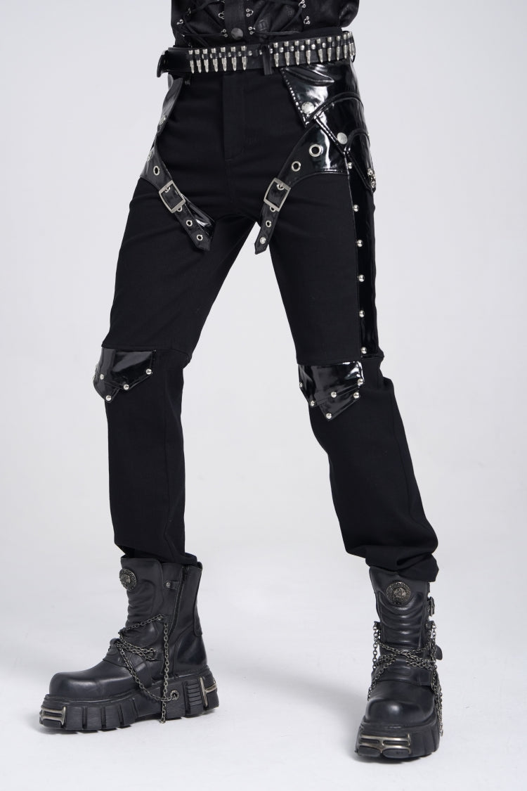 Black Armor Patent Leather Stitching Men's Punk Pants
