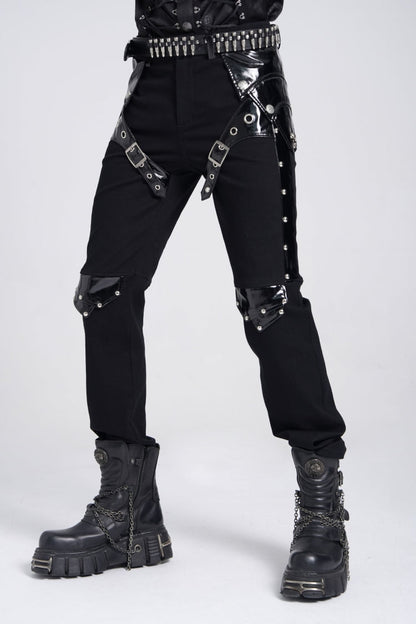 Black Armor Patent Leather Stitching Men's Punk Pants