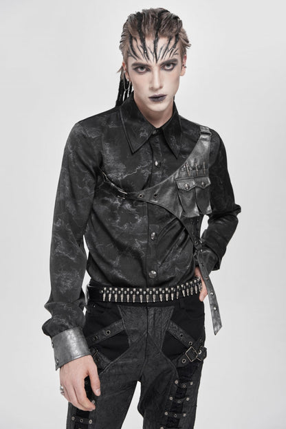 Black Long Sleeves Print Stitching Asymmetric Bullet Men's Punk Blouse