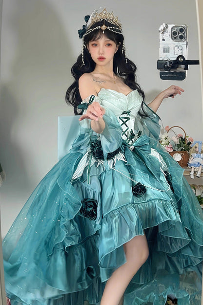 Amber Green [Swan Wonderland] Embroidery Bowknot Lace-Up Short Front Long Back Irregular Sweet Ballet Lolita Jsk Dress