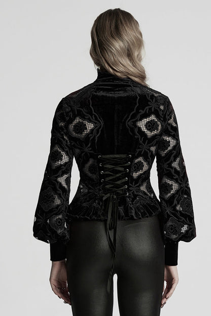 Black Long Sleeves Ruffle Floral Embroidery Women's Gothic Blouse