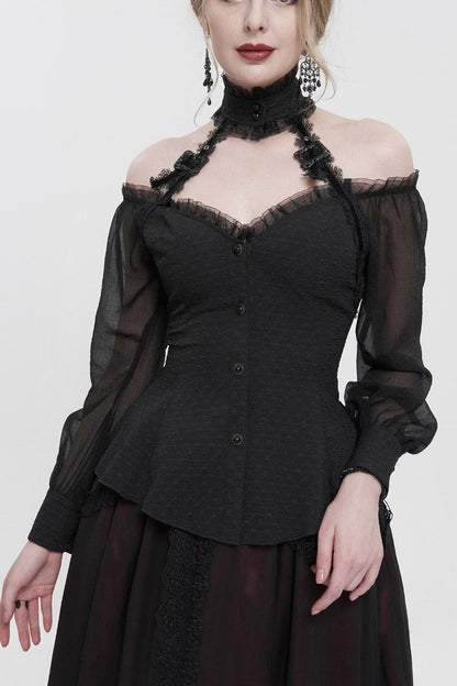 Black Long Sleeve Lace Trim Panel Woven Adjustable Back Women's Gothic T-Shirt
