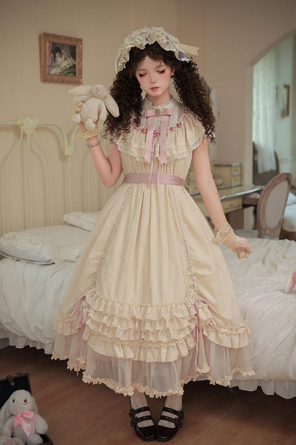 Apricot [Lily's Dream] Stand Collar Short Sleeves Loose-Fit Doll-Like Multi-Layered Ruffled Bow Lace Sweet Lolita Dress 2 Versions