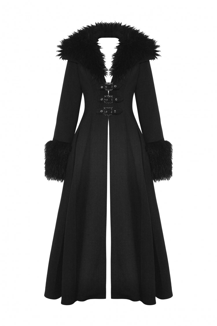 Black Long Sleeves Lace-Up Buckled Women's Gothic Draped Coat with Faux Fur Collar