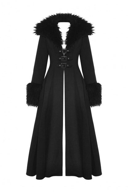 Black Long Sleeves Lace-Up Buckled Women's Gothic Draped Coat with Faux Fur Collar