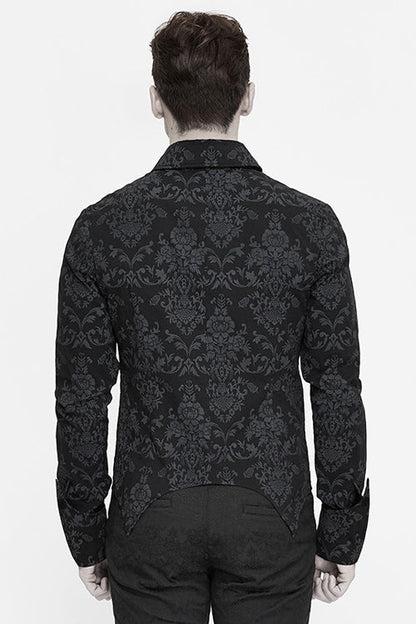 Black Folding Cuffs Palace Printed Zipper Mens Gothic Blouse